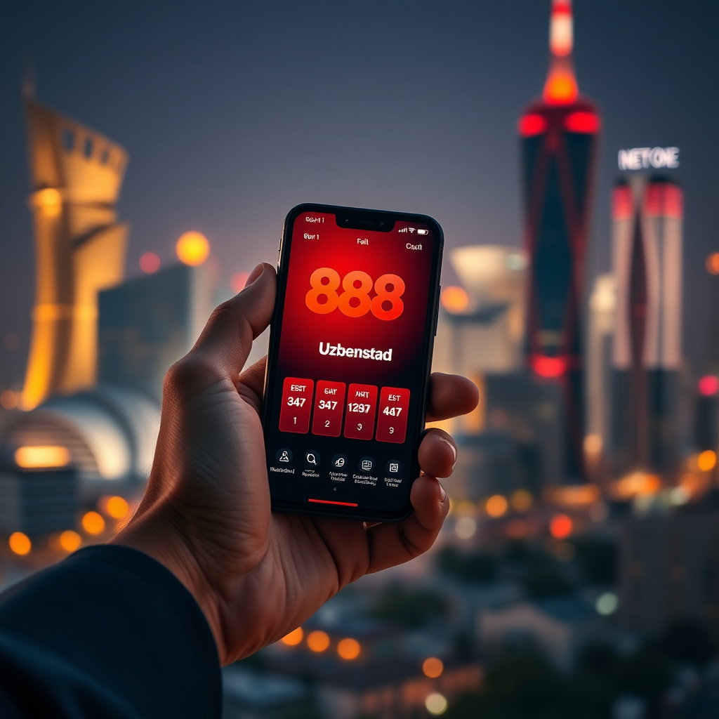 A hand holding a luxury smartphone displaying the official 888starz Uzbekistan app with a sleek red and black interface, background is the Tashkent City skyline with the Hilton and Nest One towers at night, vibrant golden and red bokeh lights, 3D golden c